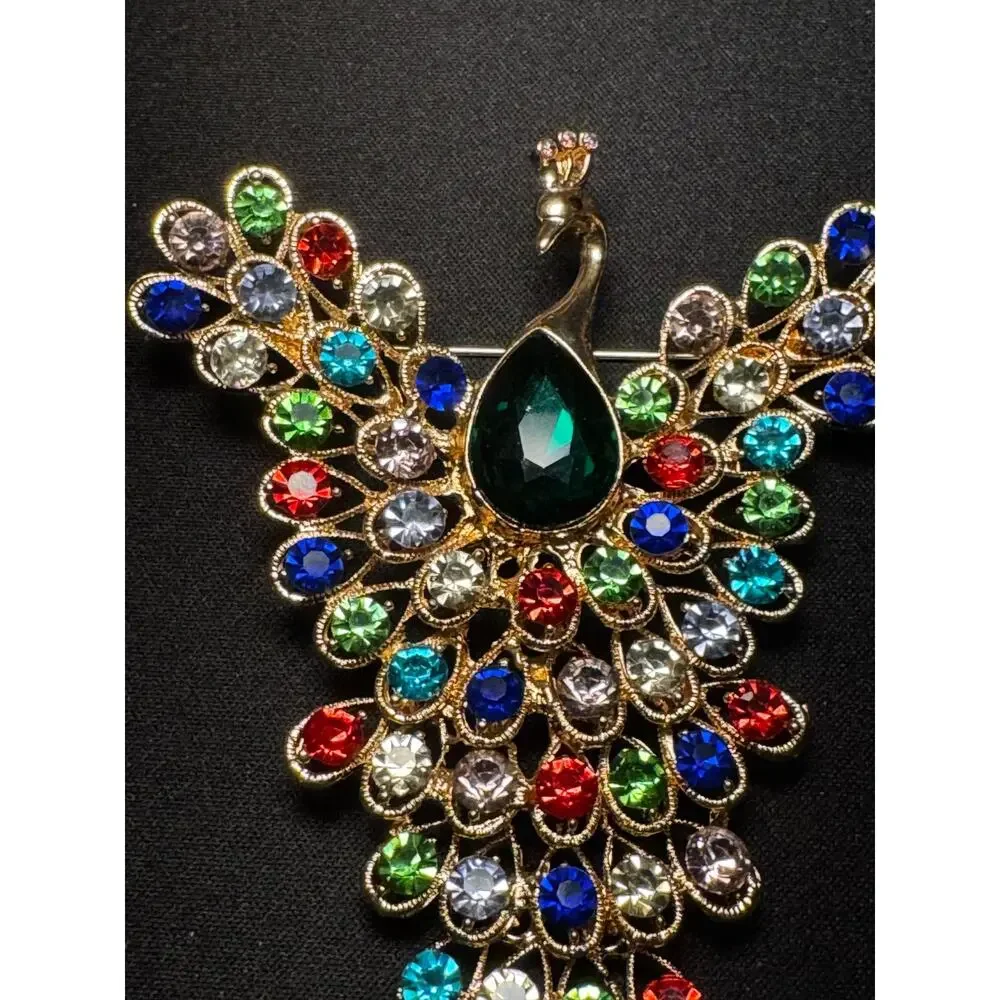 Large Multicolored Rhinstone Articulated Peacock Brooch
